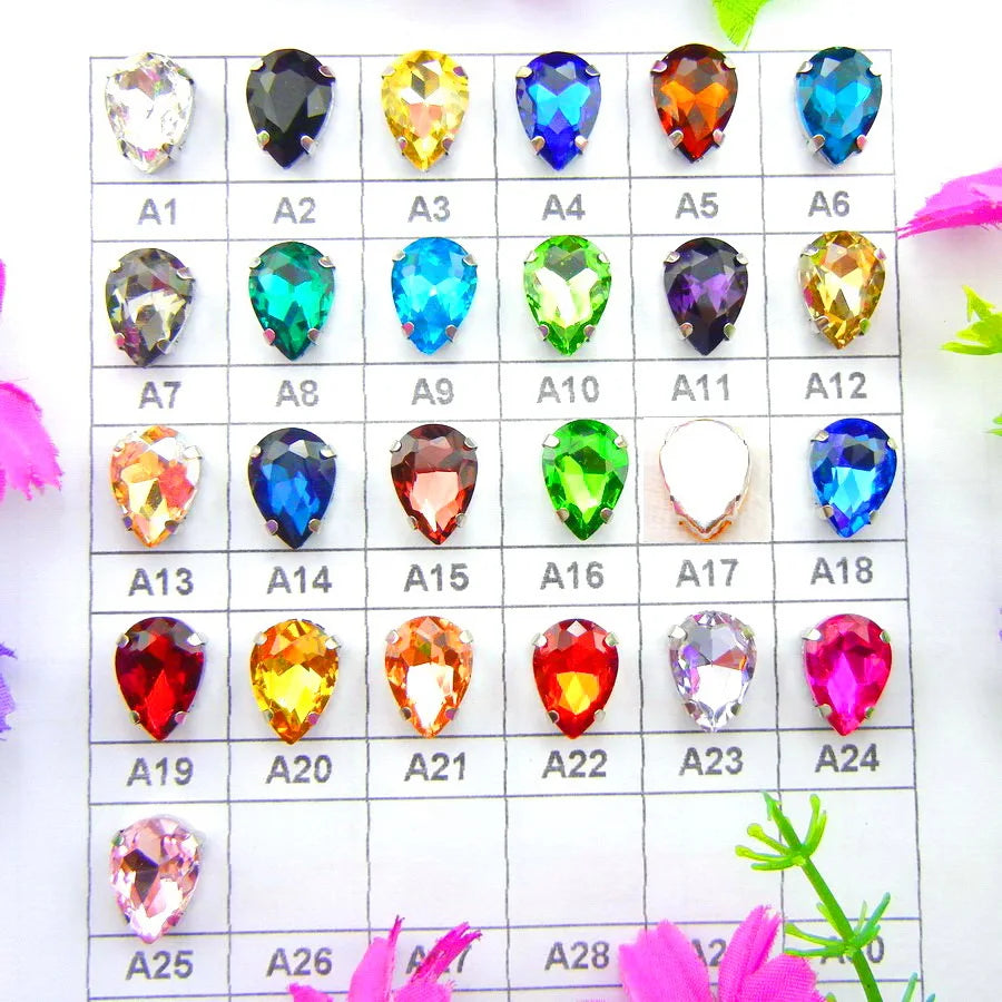 Colorful 7 sizes glass Crystal Silver claw Various colors mix water drop tear drop Sew on rhinestone beads wedding dress diy