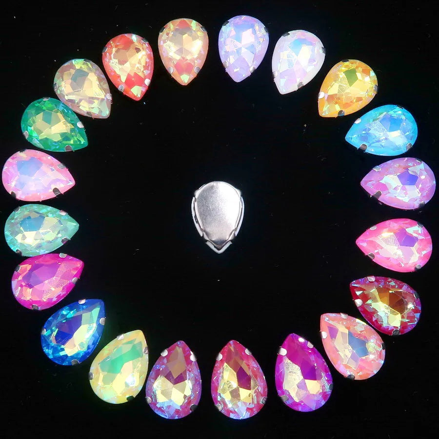 Colorful 7 sizes glass Crystal Silver claw Various colors mix water drop tear drop Sew on rhinestone beads wedding dress diy