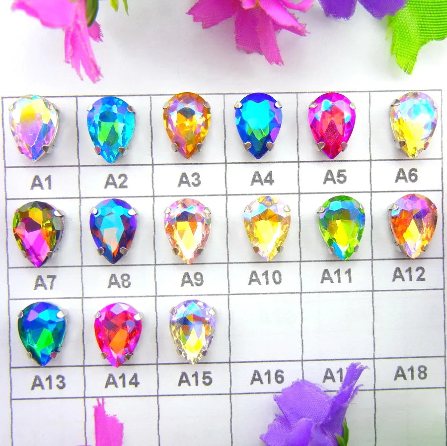Colorful 7 sizes glass Crystal Silver claw Various colors mix water drop tear drop Sew on rhinestone beads wedding dress diy
