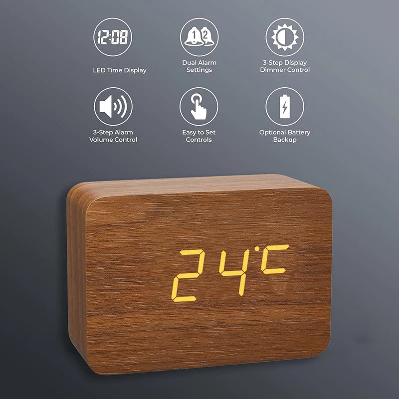 Wooden Digital Alarm Clock for Bedroom Office Kitchen Bathroom Desk