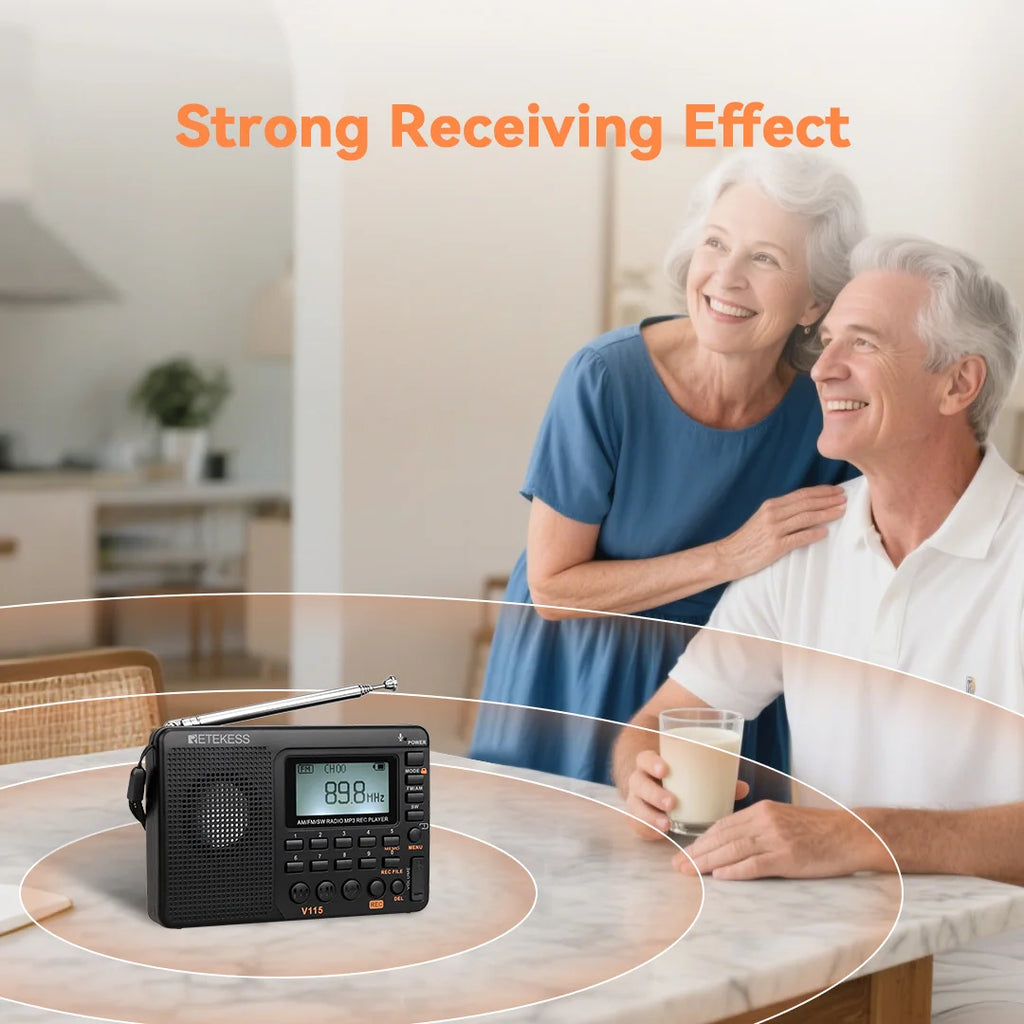 RETEKESS V115 Radio Portable Radio Rechargeable AM FM Radio Multifunctional Shortwave Receiver Good Sound for Camping and Gift