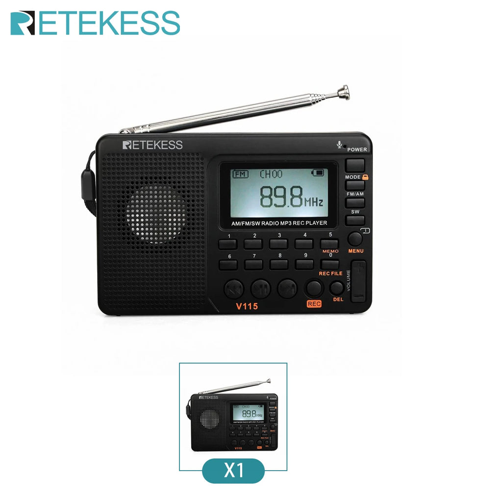 RETEKESS V115 Radio Portable Radio Rechargeable AM FM Radio Multifunctional Shortwave Receiver Good Sound for Camping and Gift
