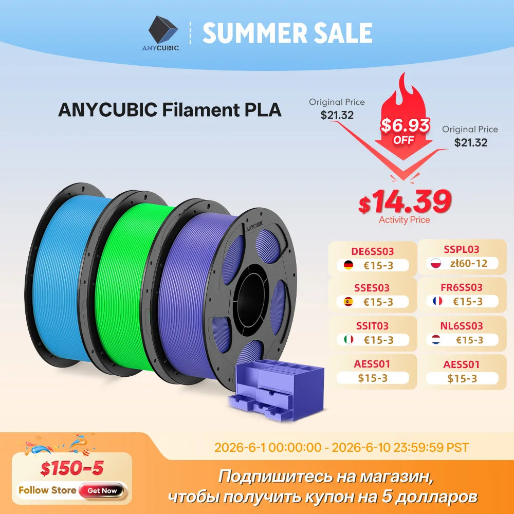 ANYCUBIC 3D Printer Multicolor Filament PLA 1.75mm 1kg/Roll Plastic Rubber Consumables Material For FDM 3D Printer Kobra 2 Pro