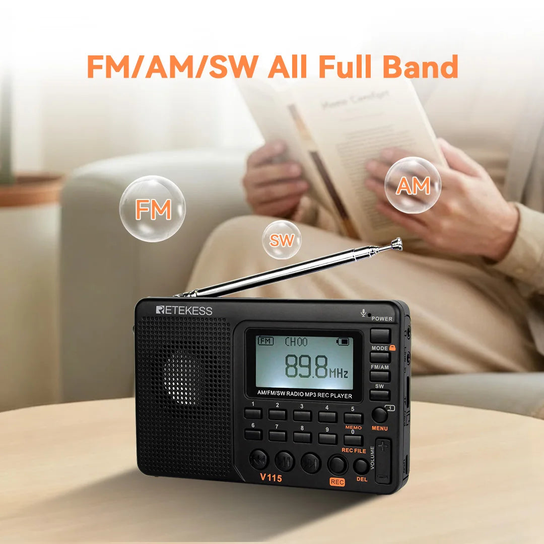 RETEKESS V115 Radio Portable Radio Rechargeable AM FM Radio Multifunctional Shortwave Receiver Good Sound for Camping and Gift