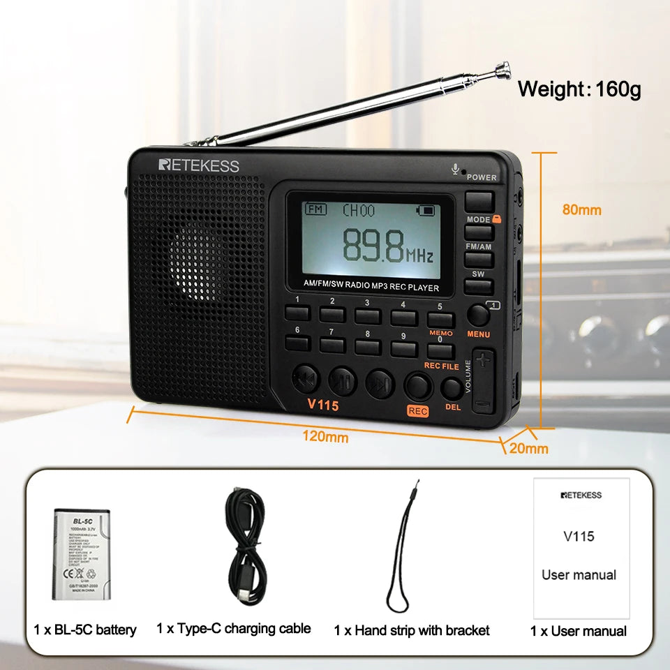 RETEKESS V115 Radio Portable Radio Rechargeable AM FM Radio Multifunctional Shortwave Receiver Good Sound for Camping and Gift