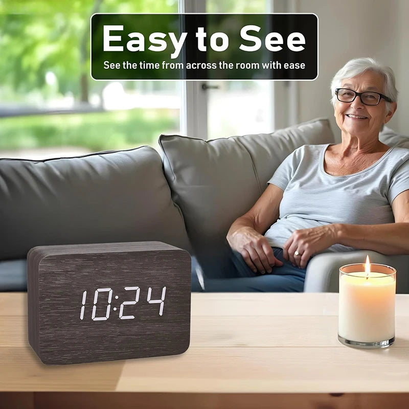 Wooden Digital Alarm Clock for Bedroom Office Kitchen Bathroom Desk