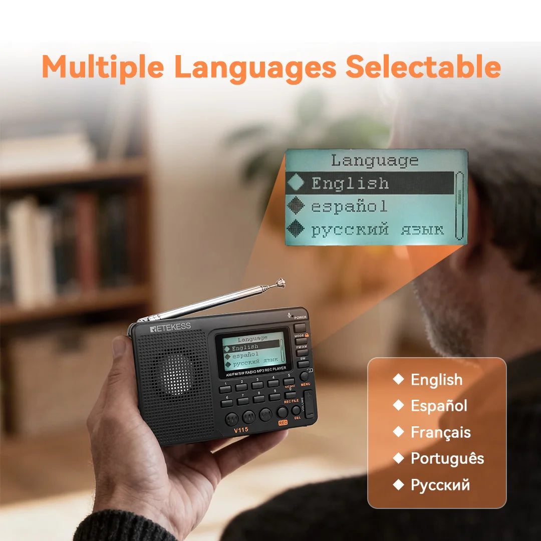 RETEKESS V115 Radio Portable Radio Rechargeable AM FM Radio Multifunctional Shortwave Receiver Good Sound for Camping and Gift