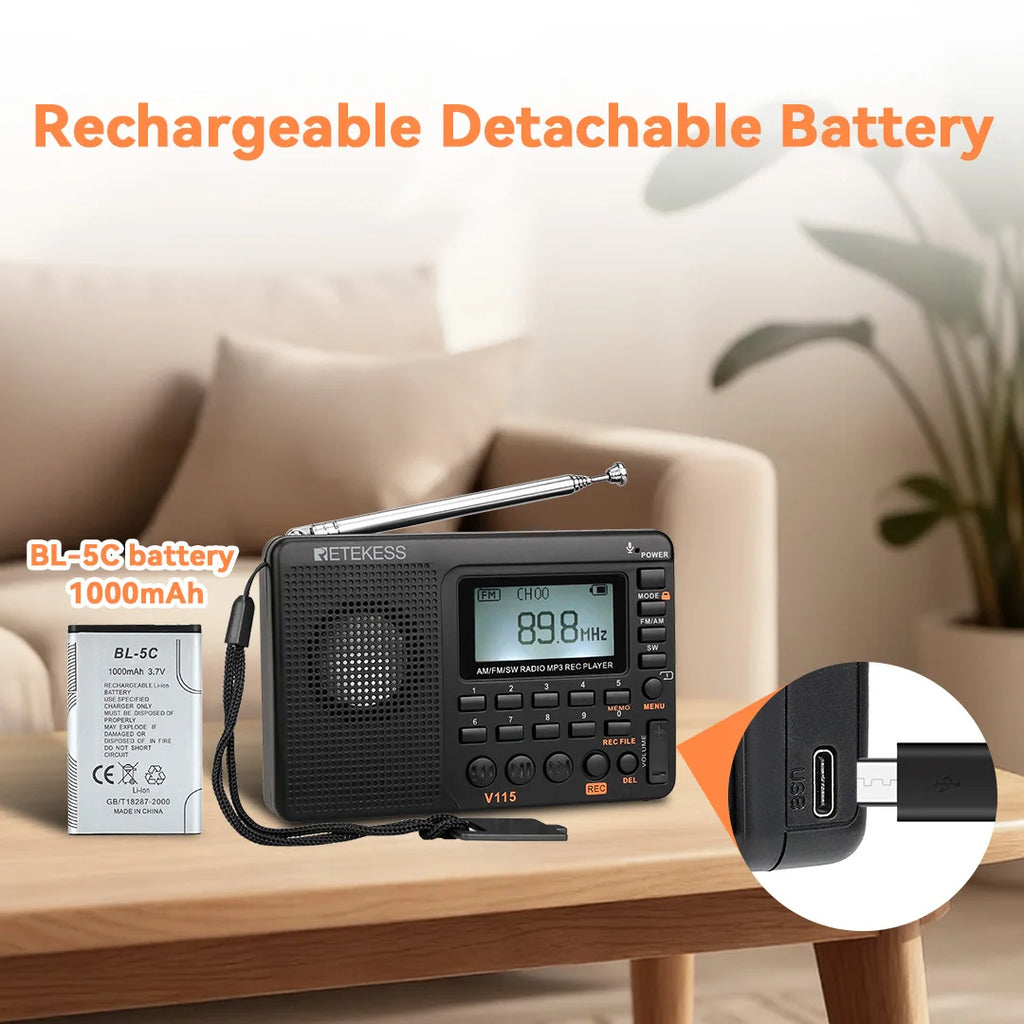 RETEKESS V115 Radio Portable Radio Rechargeable AM FM Radio Multifunctional Shortwave Receiver Good Sound for Camping and Gift